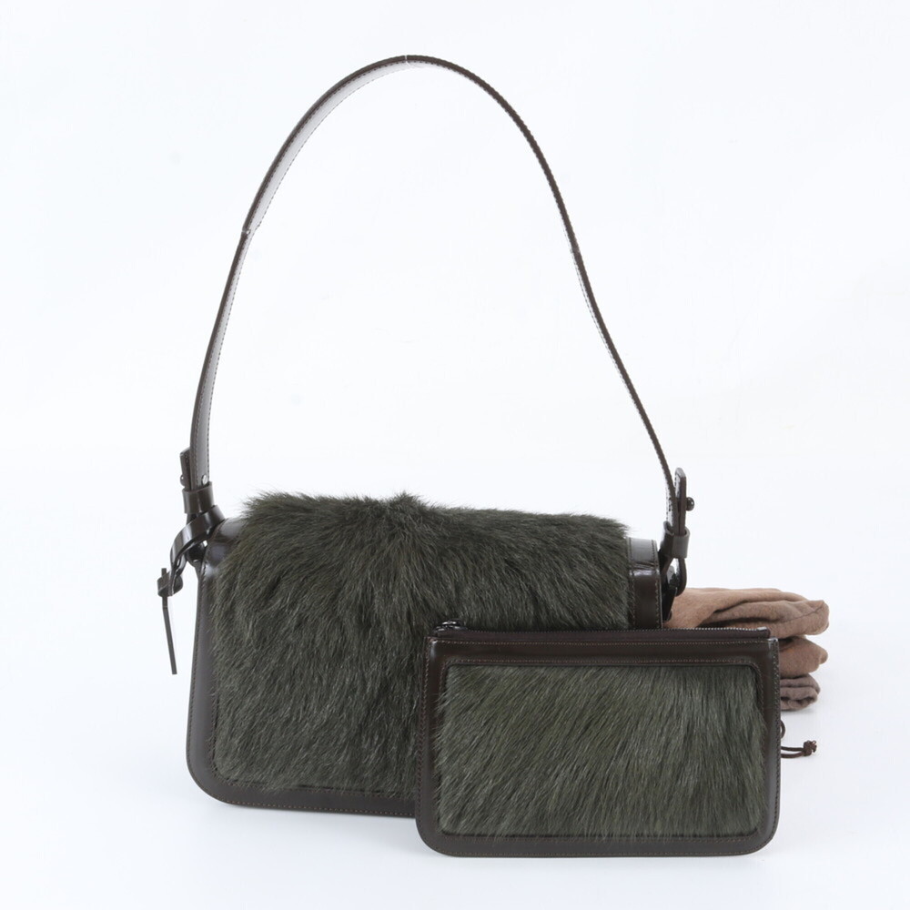 Celine Leather Shoulder Bag with Real Fur Pouch, One-Handle Tote Bag, Handbag...